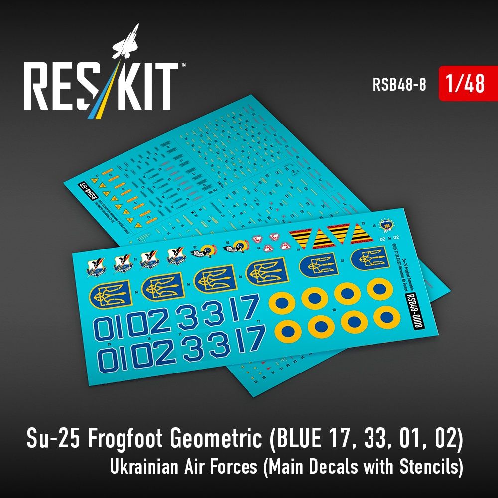 RSB48-0008 - Su-25 Frogfoot Geometric(BLUE 17,33,01,02) Ukrainian Air Forces main decals with stencils for scale model - 1:48