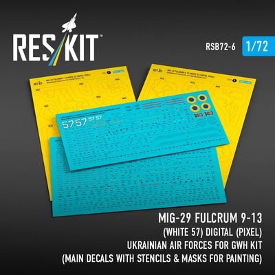 RSB72-0006 - MiG-29 Fulcrum 9-13(White 57)Digital(Pixel) Ukrainian Air Forces for GWH kit main decals with stencils&amp;masks for painting for scale model - 1:72