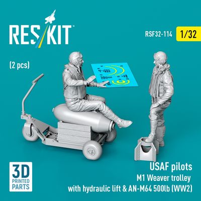 RSF32-0114 - USAF pilots(2 pcs) &amp; M1 Weaver trolley with hydraulic lift &amp; AN-M64 500lb(WW2) 3D printed model kit - 1:32