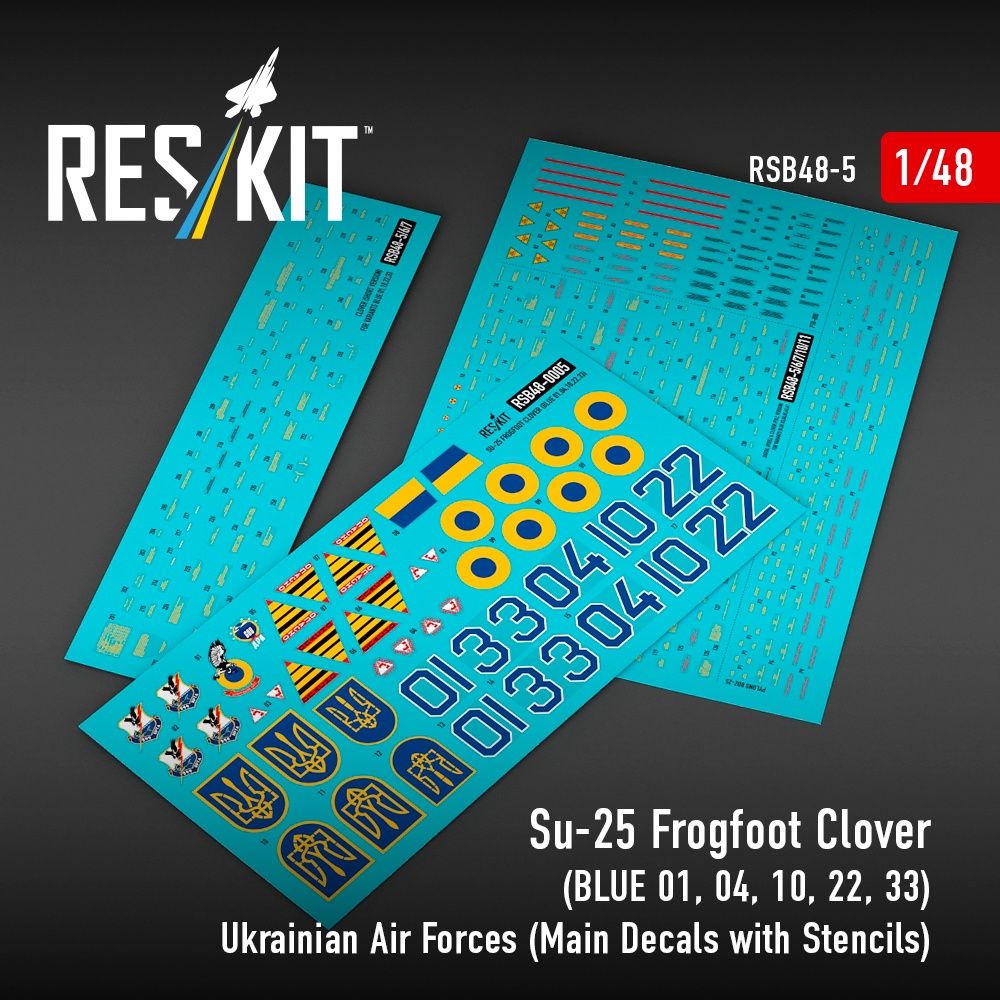 RSB48-0005 - Su-25 Frogfoot Clover(BLUE 01,04,10,22,33) Ukrainian Air Forces main decals with stencils for scale model - 1:48