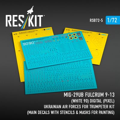 RSB72-0005 - MiG-29UB Fulcrum 9-13(White 90)Digital(Pixel) Ukrainian Air Forces for Trumpeter kit main decals with stencils&amp;masks for painting for scale model - 1:72