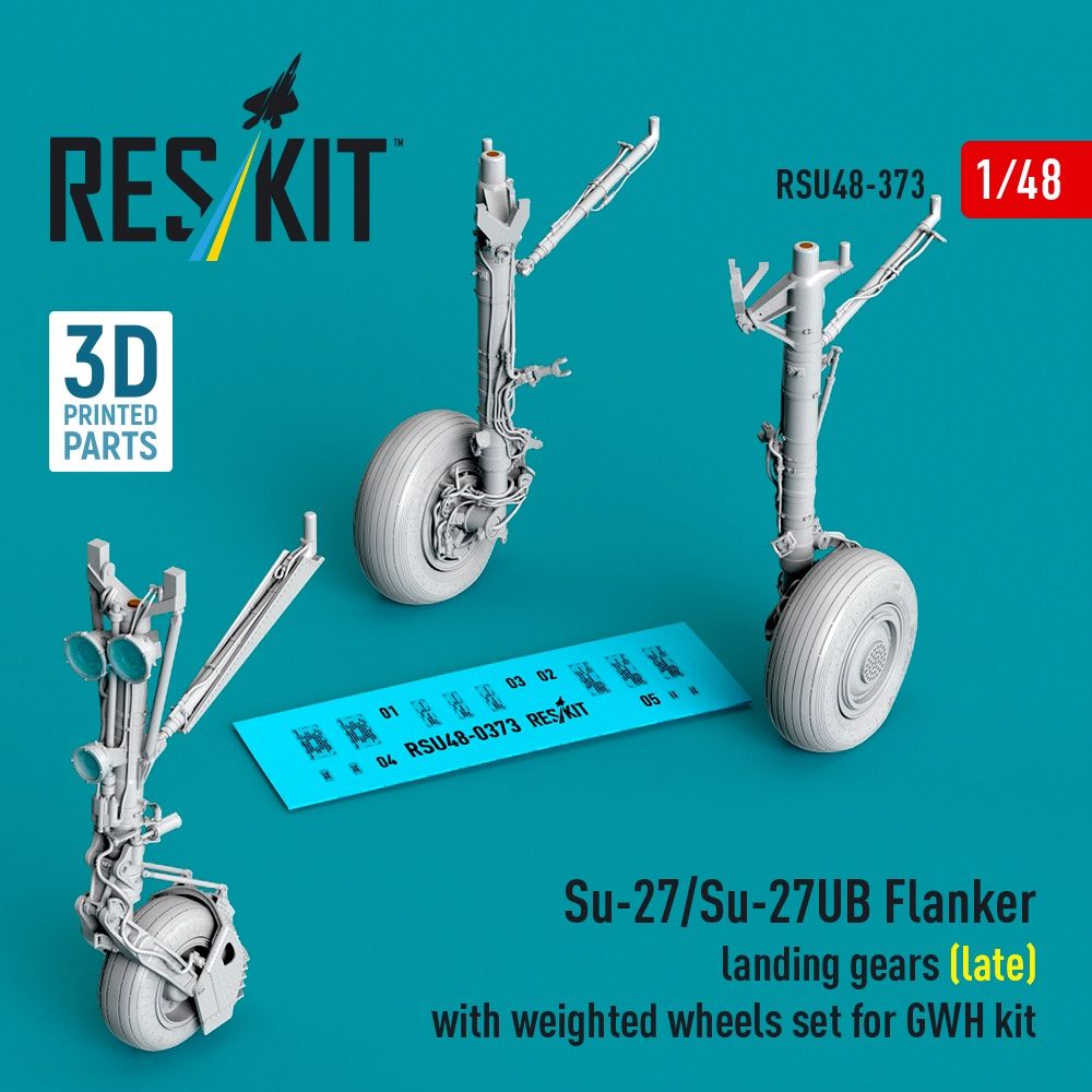 RSU48-0373 - Su-27/Su-27UB Flanker landing gears(late) with weighted wheels set for GWH kit 3D printed model kit - 1:48