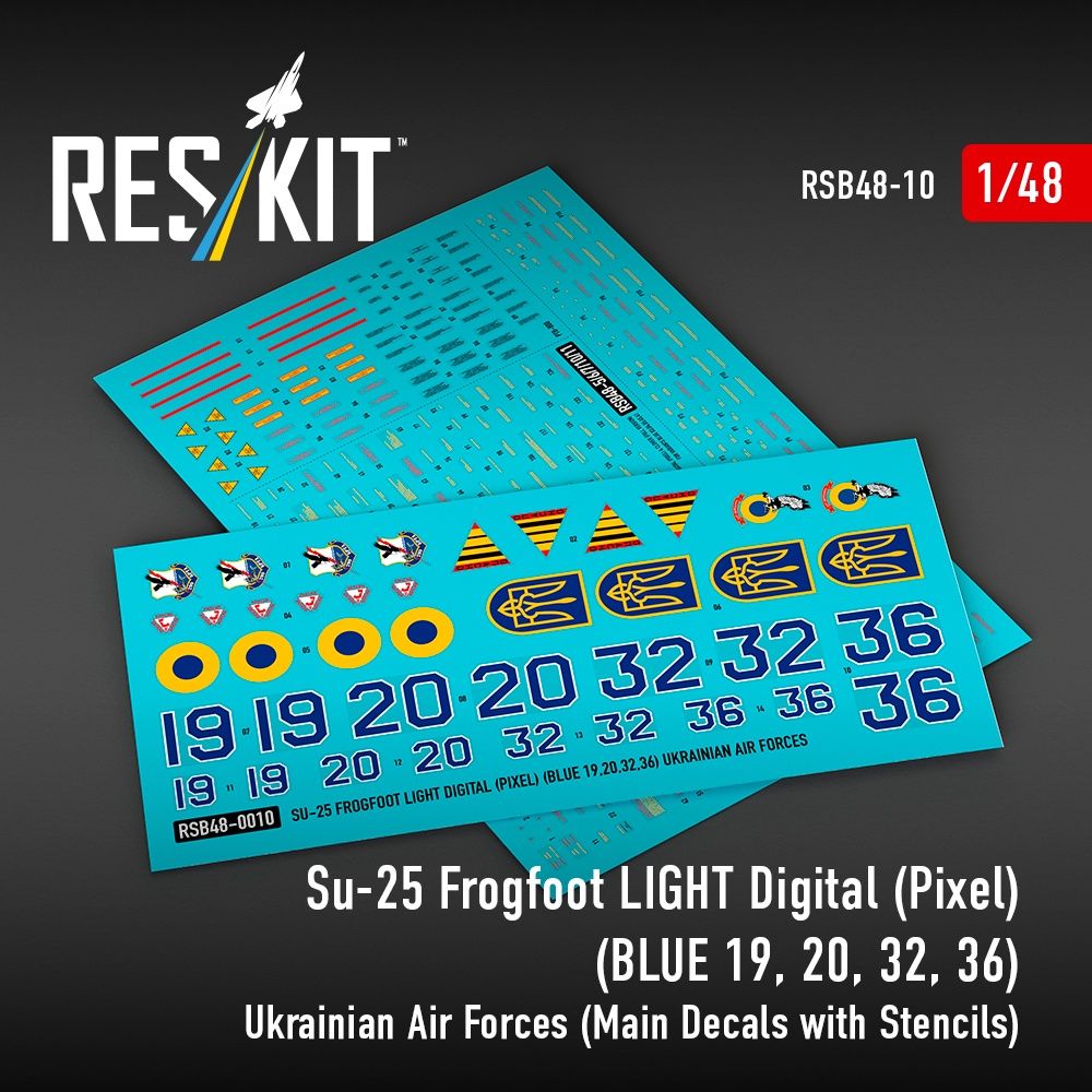 RSB48-0010 - Su-25 Frogfoot Light Digital(Pixel)(BLUE 19,20,32,36) Ukrainian Air Forces main decals with stencils for scale model - 1:48