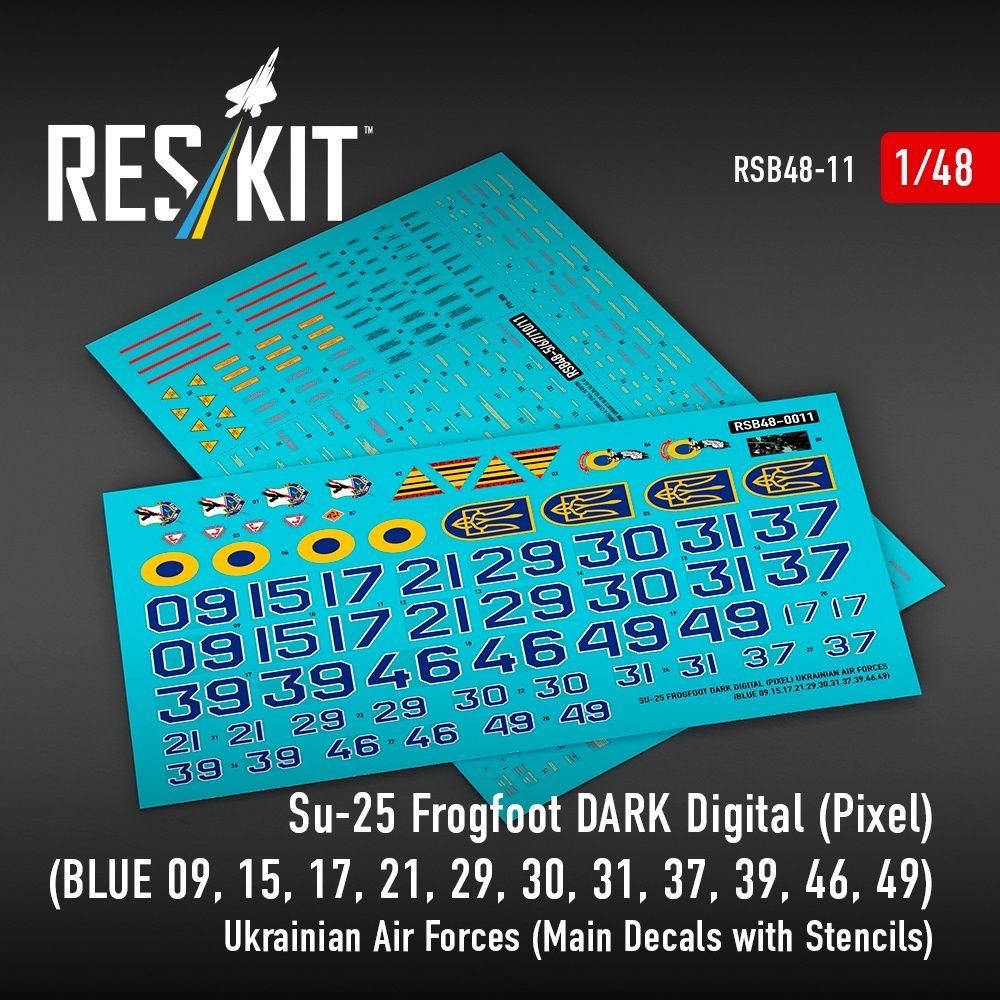 RSB48-0011 - Su-25 Frogfoot Dark Digital(Pixel)(BLUE 09,15,17,21,29,30,31,37,39,46,49) Ukrainian Air Forces main decals with stencils for scale model - 1:48