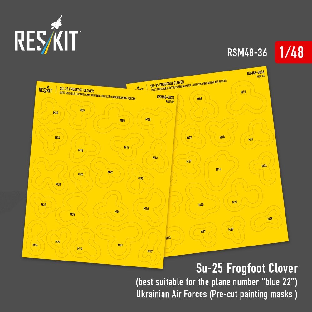RSM48-0036 - Su-25 Frogfoot Clover(best suitable for the plane number “blue 22”) Ukrainian Air Forces pre-cut painting masks for scale model - 1:48
