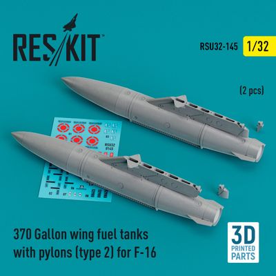 RSU32-0145 - 370 Gallon wing fuel tanks with pylons (type 2) for F-16 (2 pcs) (3D Printed) - 1:32