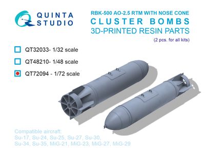 QT72094 - RBK-500 AO-2.5 RTM (version with nose fairing) Cluster Bombs, 2 pcs (for all kits) - 1:72