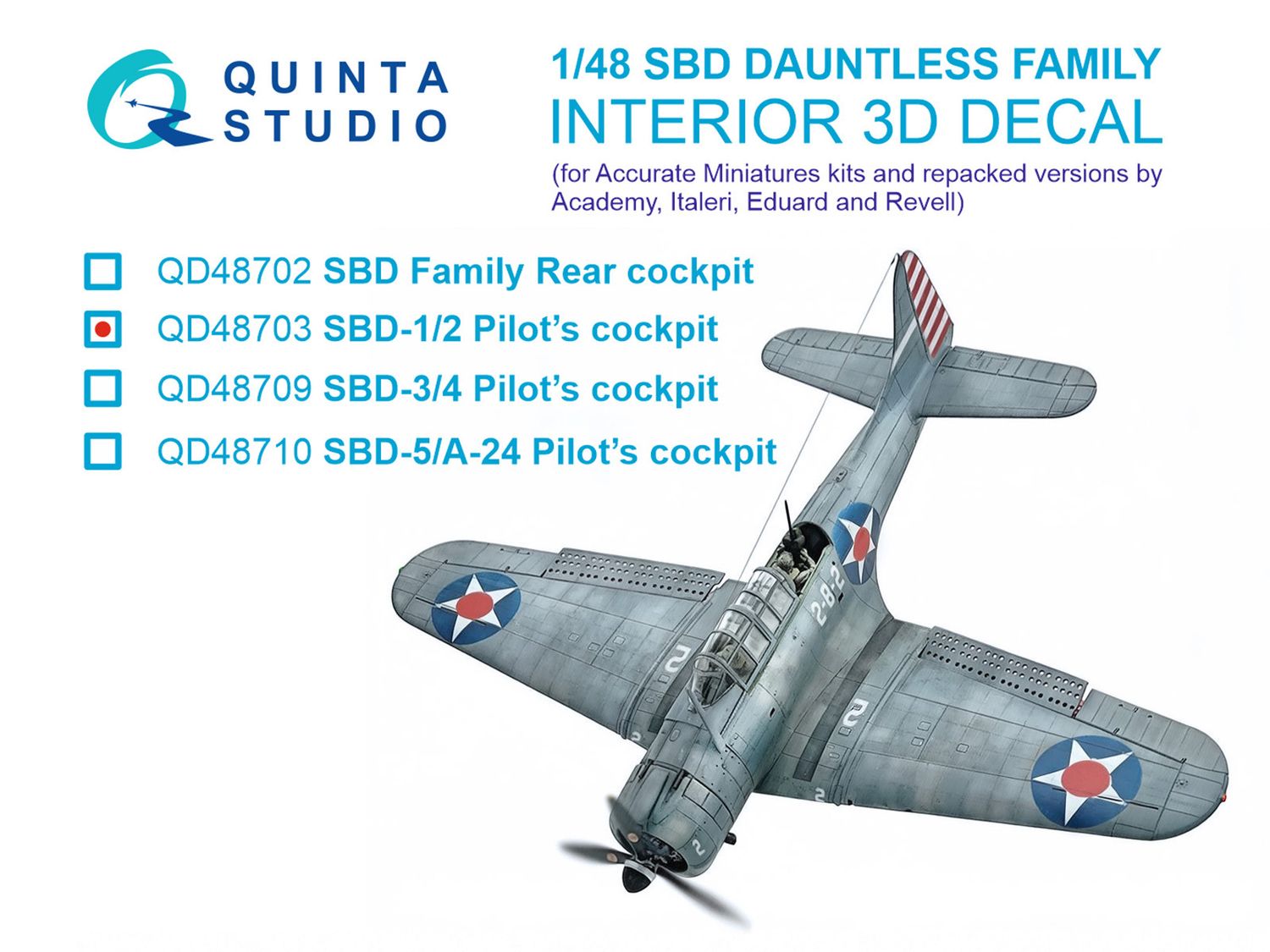 QD48703 - SBD-1/SBD-2 Dauntless Pilot's cockpit 3D-Printed &amp; coloured Interior on decal paper (Accurate Miniatures/Academy/etc) - 1:48