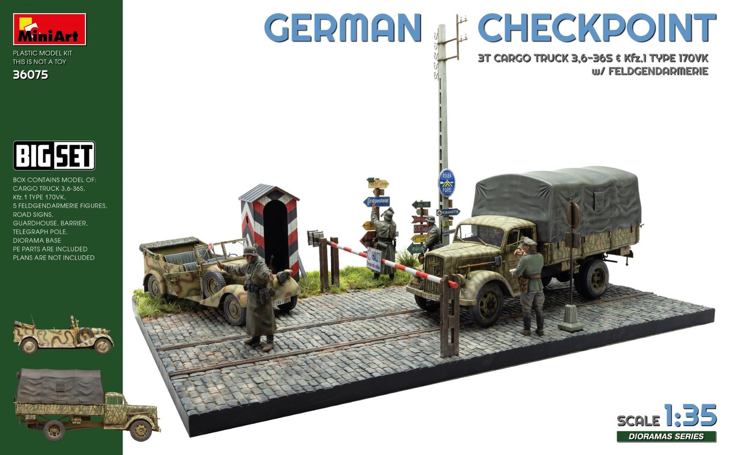 36075 - German Checkpoint - 3T Cargo Truck 3,6-36S &amp; Kfz.1 Type 170VK with Feldgendarmerie - BIG SET - 1:35
