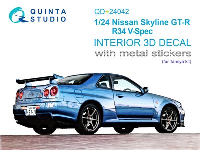 QD+24042 - Nissan Skyline GT-R R34 V-Spec 3D-Printed &amp; coloured Interior on decal paper (Tamiya) (with metal sticker parts) - 1:24