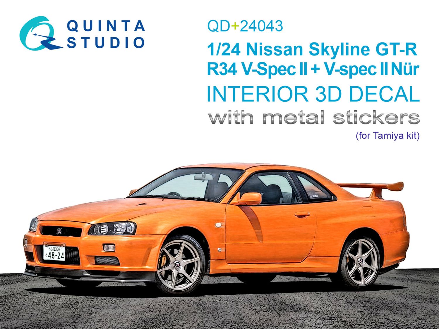 QD+24043 - Nissan Skyline GT-R R34 V-Spec II 3D-Printed &amp; coloured Interior on decal paper (Tamiya) (with metal sticker parts) - 1:24