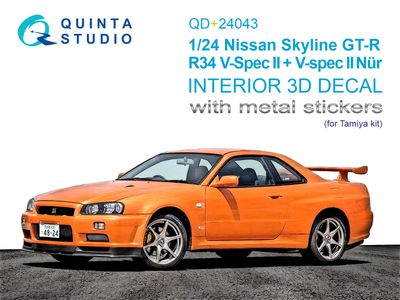 QD+24043 - Nissan Skyline GT-R R34 V-Spec II 3D-Printed &amp; coloured Interior on decal paper (Tamiya) (with metal sticker parts) - 1:24
