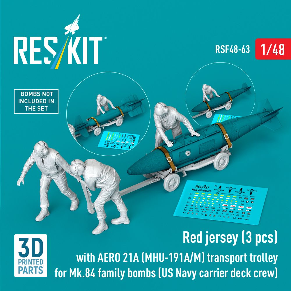 RSF48-0063 - Red jerseys (3 pcs) with AERO 21A (MHU-191A/M) transport trolley for Mk.84 family bombs (US Navy carrier deck crew) (3D Printed) - 1:48