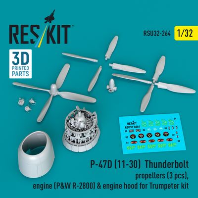 RSU32-0264 - P-47D (11-30) Thunderbolt propellers (3 pcs), engine (P&amp;W R-2800) &amp; engine hood for Trumpeter kit (3D Printed) - 1:32