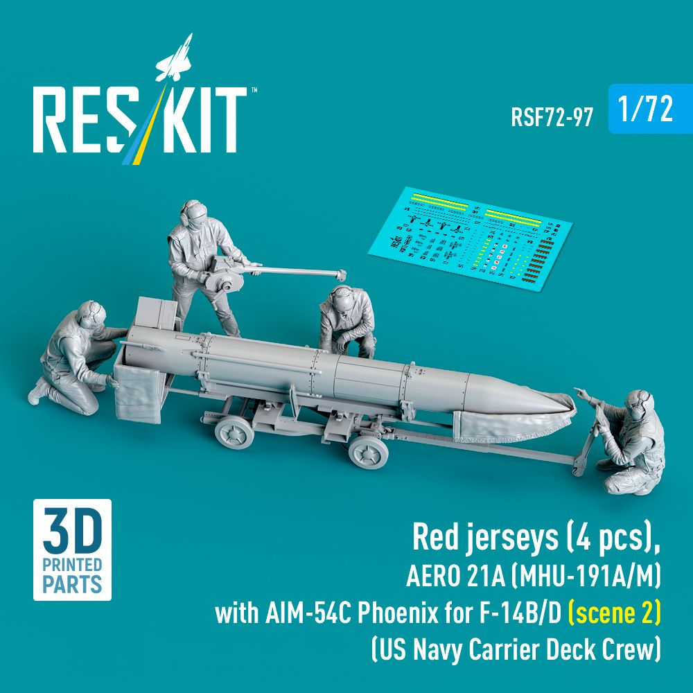 RSF72-0097 - Red jerseys (4 pcs), AERO 21A (MHU-191A/M) with AIM-54C Phoenix for F-14B/D (scene 2) (US Navy Carrier Deck Crew) (3D Printed) - 1:72