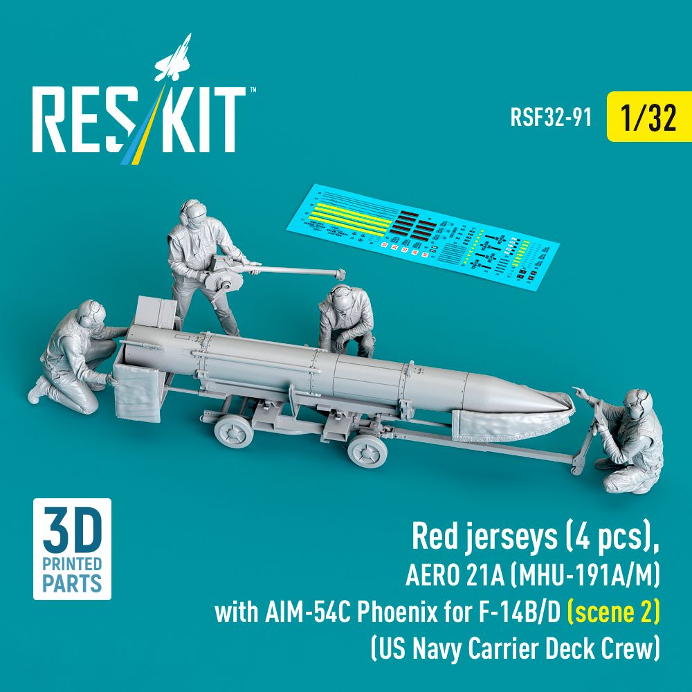 RSF32-0091 - Red jerseys (4 pcs), AERO 21A (MHU-191A/M) with AIM-54C Phoenix for F-14B/D (scene 2) (US Navy Carrier Deck Crew) (3D Printed) - 1:32