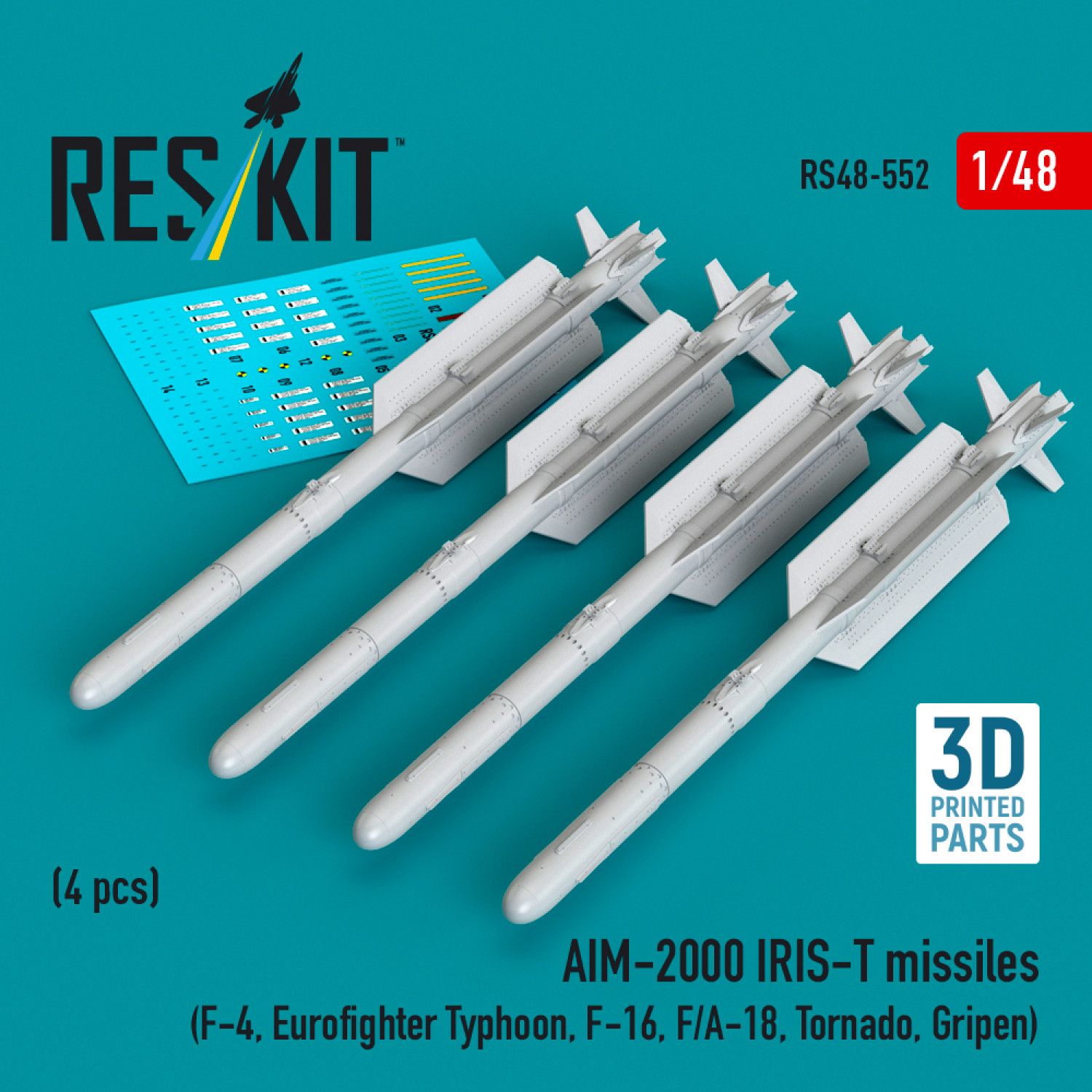 RS48-0552 - AIM-2000 IRIS-T missiles (4 pcs) (F-4, Eurofighter Typhoon, F-16, F/A-18, Tornado, Gripen) (3D Printed) - 1:48