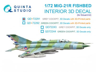 QD+72291 - MiG-21R (Grey panels) 3D-Printed &amp; coloured Interior on decal paper (Eduard) (with 3D-printed resin parts) - 1:72