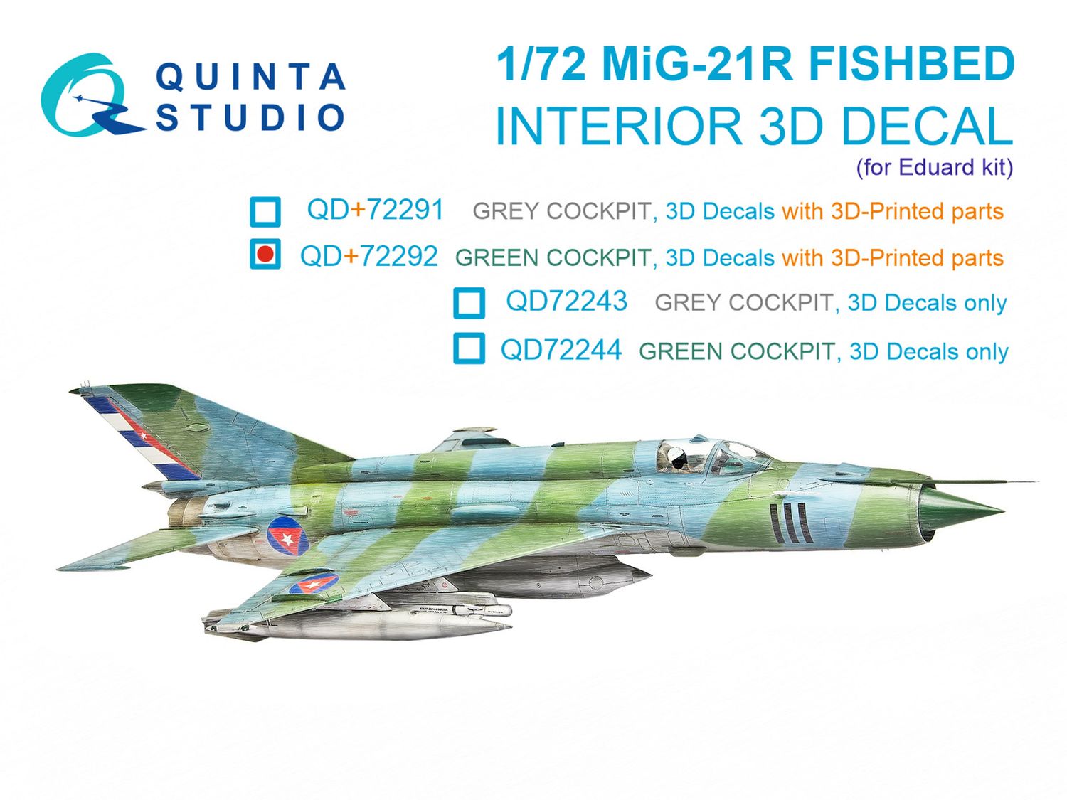 QD+72292 - MiG-21R (Green panels) 3D-Printed &amp; coloured Interior on decal paper (Eduard) (with 3D-printed resin parts) - 1:72