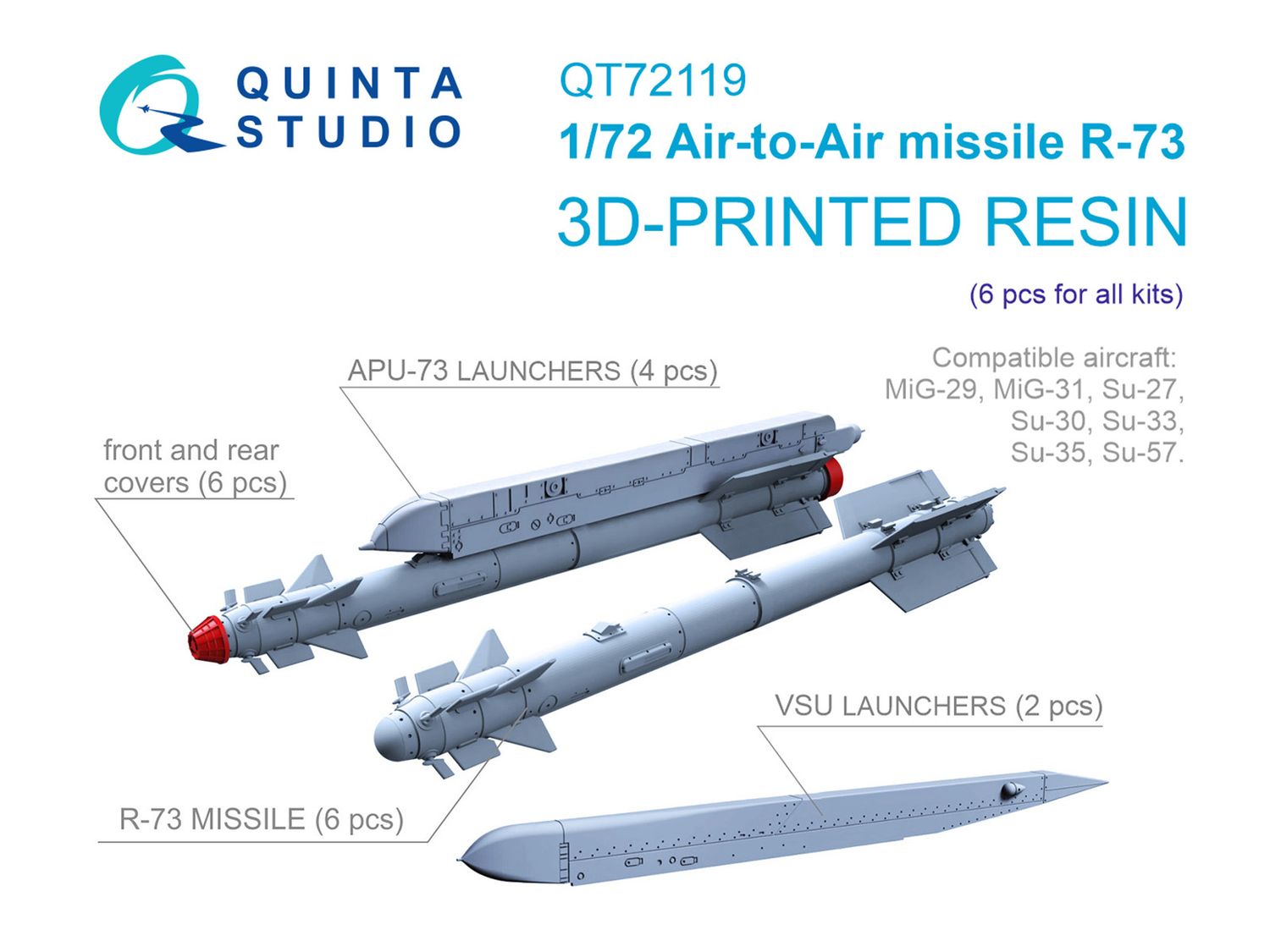QT72119 - R-73 Air-to-Air Missiles with Launchers, 6 pcs (for all kits) - 1:72