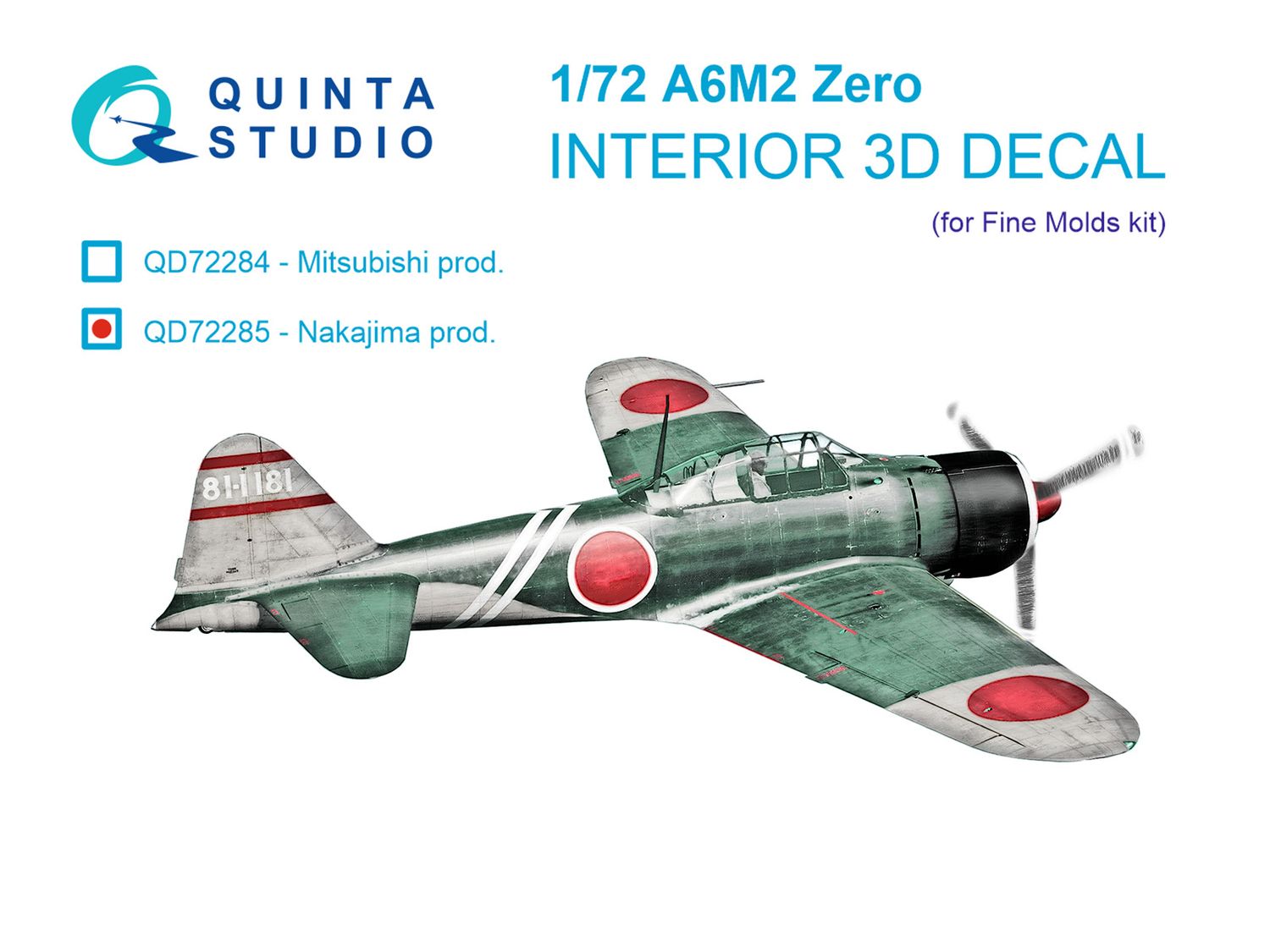 QD72285 - A6M2 Zero (Nakajima Prod.) 3D-Printed &amp; coloured Interior on decal paper (Fine molds) - 1:72