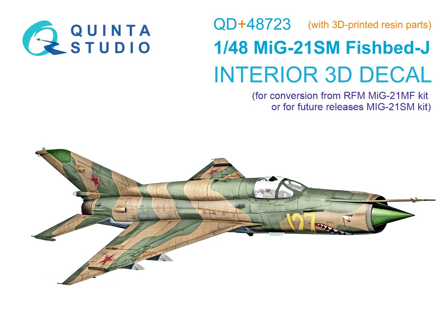QD+48723 - MiG-21SM (suitable for conversion from MiG-21MF) 3D-Printed &amp; coloured Interior on decal paper (RFM) (with 3D-printed resin parts) - 1:48