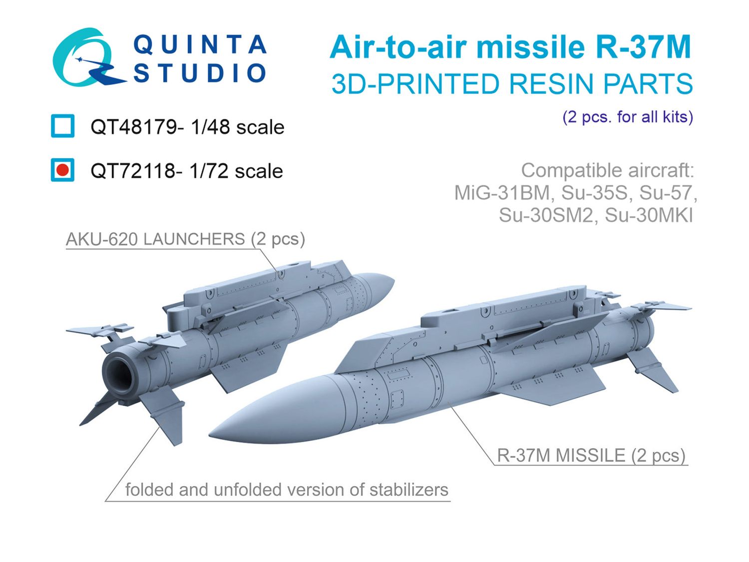 QT72118 - R-37M Air-to-Air Missiles with Launchers, 2 pcs (for all kits) - 1:72