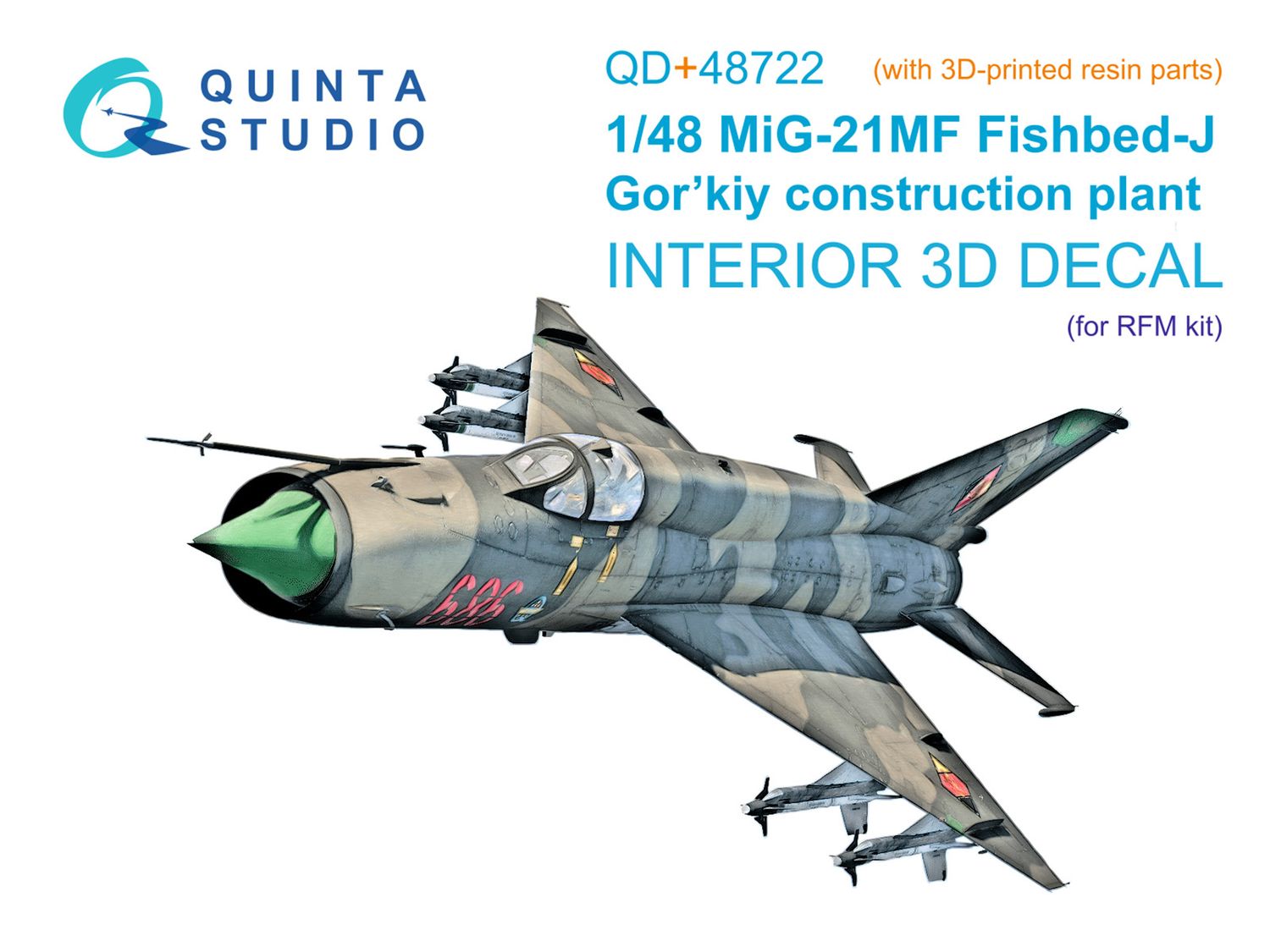 QD+48722 - MiG-21MF (Gorkiy plant) 3D-Printed &amp; coloured Interior on decal paper (RFM) (with 3D-printed resin parts) - 1:48