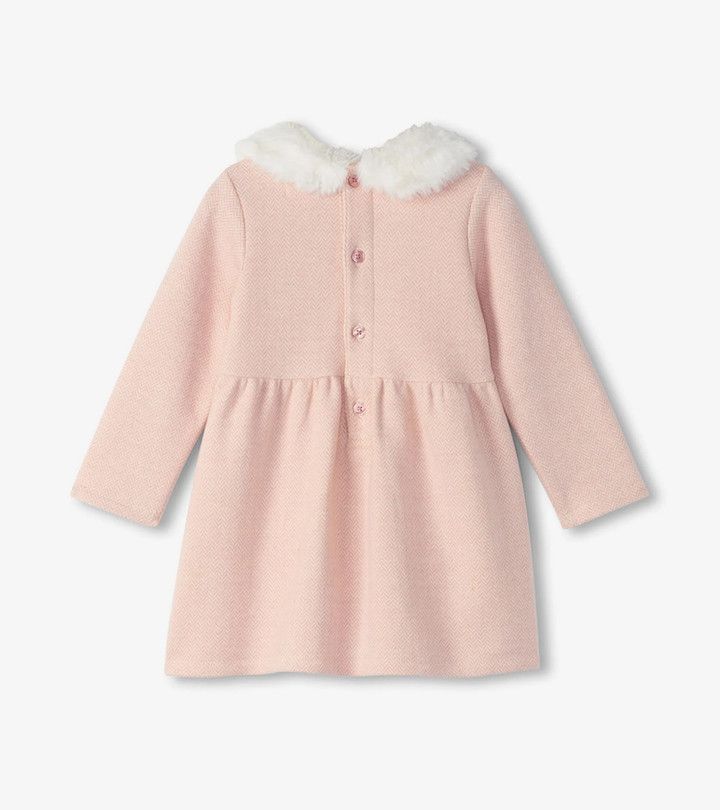 Rose Elegance Herringbone Fur Trim Dress