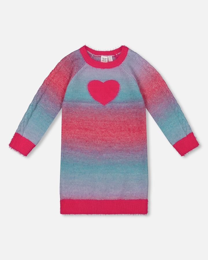 Knit Dress With Heart Gradient Candy Pink And Blue