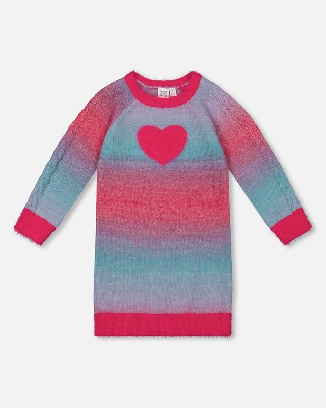 Knit Dress With Heart Gradient Candy Pink And Blue