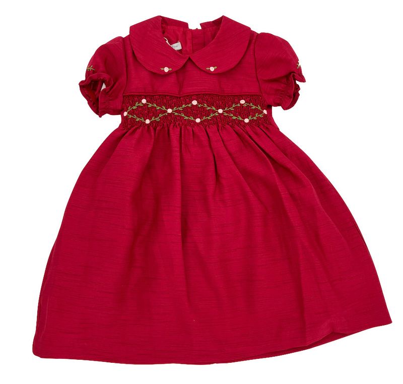 Red Floral Smocked Silk Dress