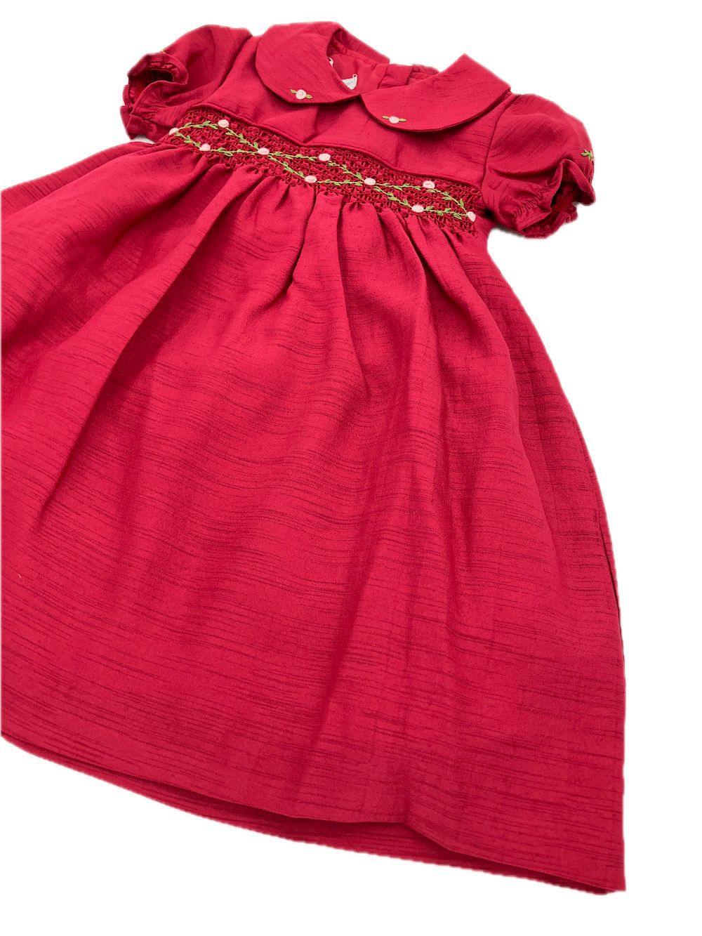 Red Floral Smocked Silk Dress