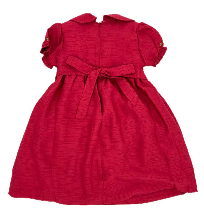 Red Floral Smocked Silk Dress
