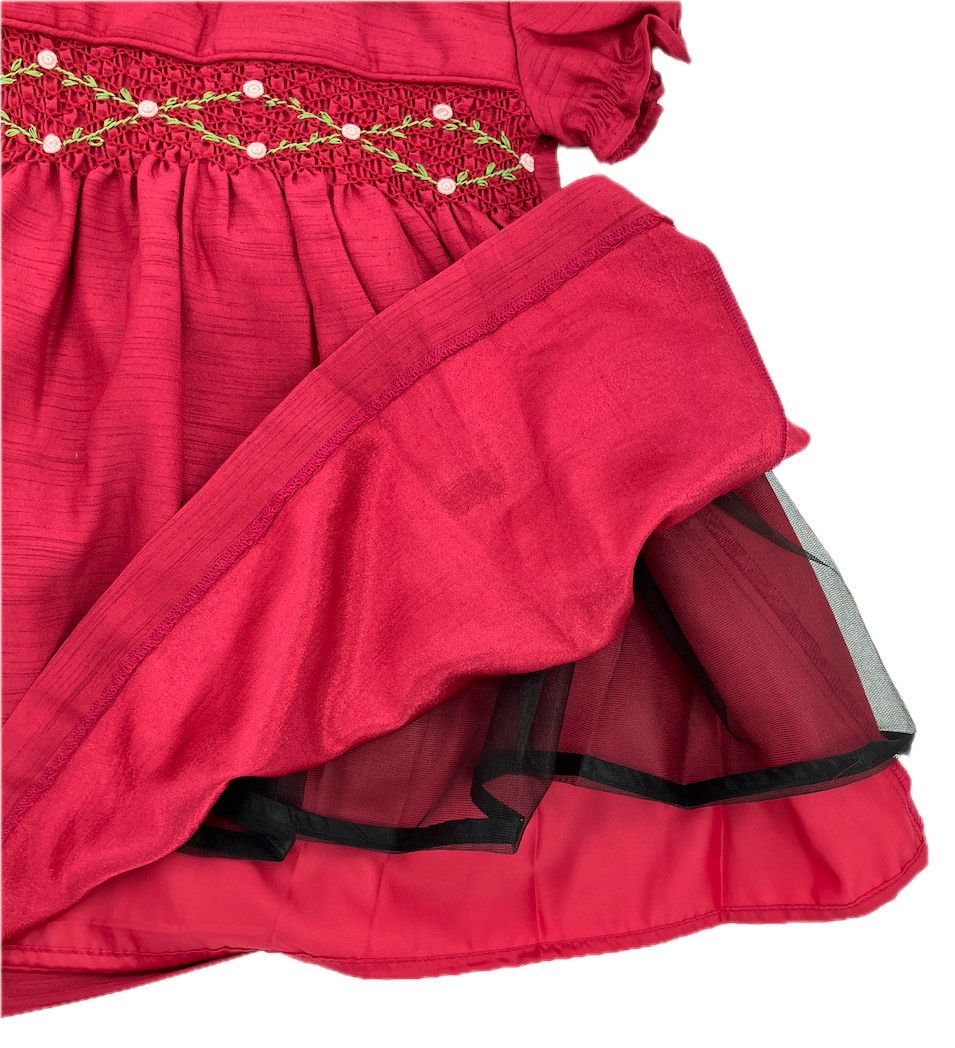 Red Floral Smocked Silk Dress