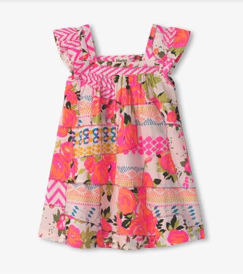 Floral Patchwork Flutter Puff Dress
