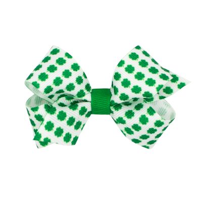 Mini Green Shamrocks Print on White Bow