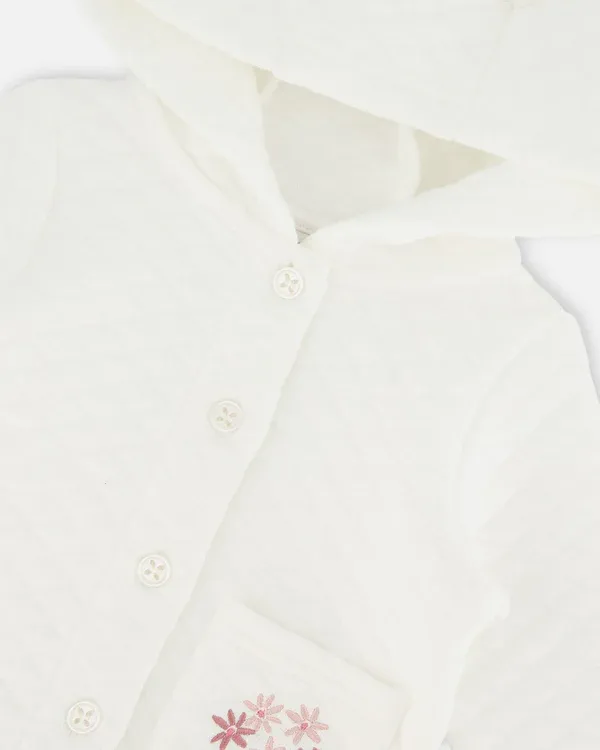 White Quilted Jecket with Flower Pocket