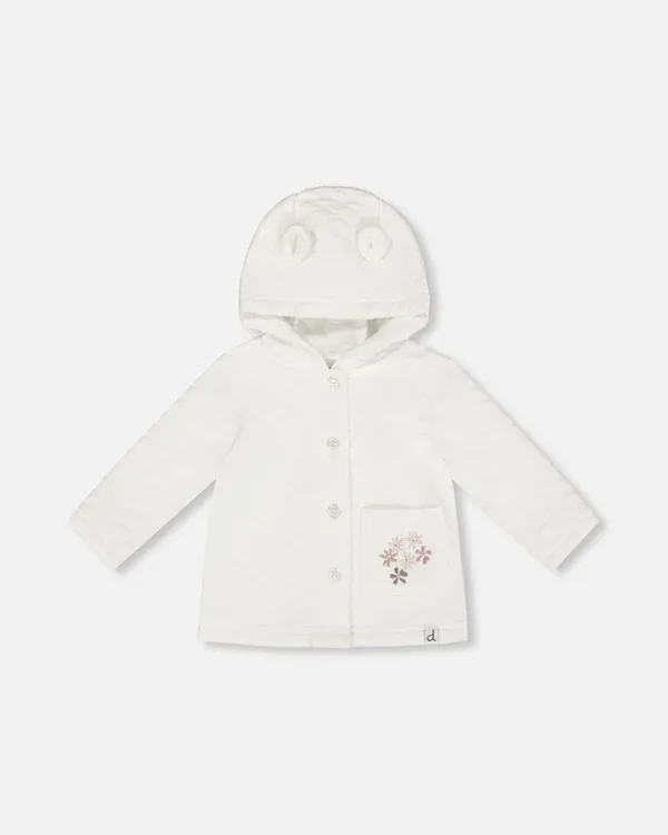 White Quilted Jecket with Flower Pocket