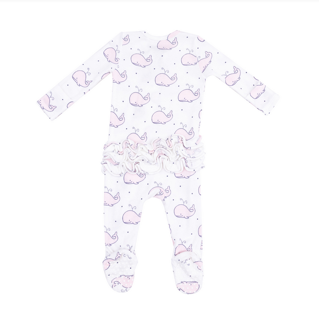 Bubbly Whale Pink Zip Ruffle Footie