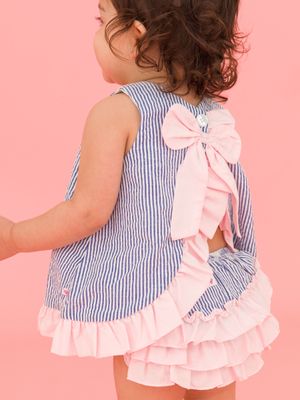 Classic Blue Seersucker Ruffle Swing Top+Bloomer Set