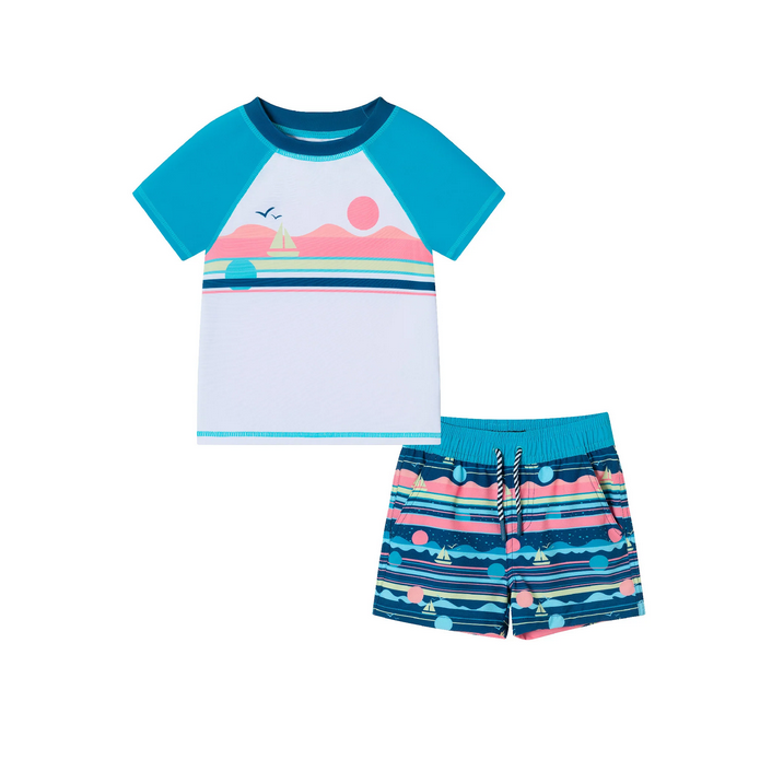 Sailboat Rash Guard+Swim Trunk Set