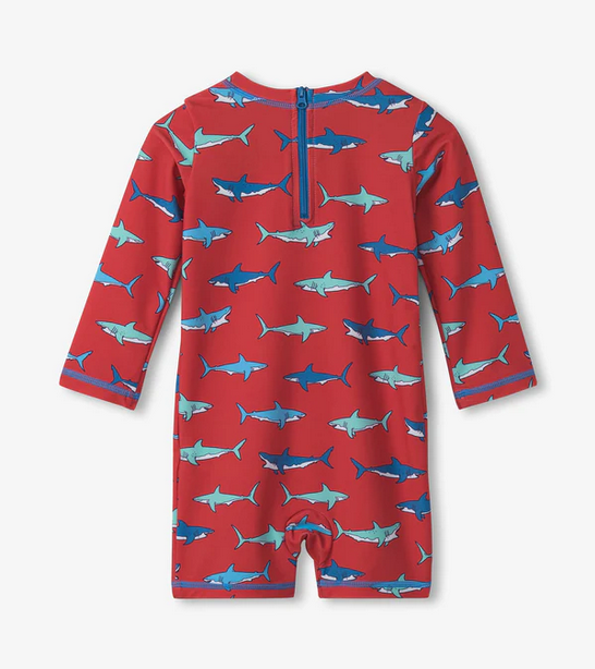 Red Hungry Sharks One Piece Rashguard