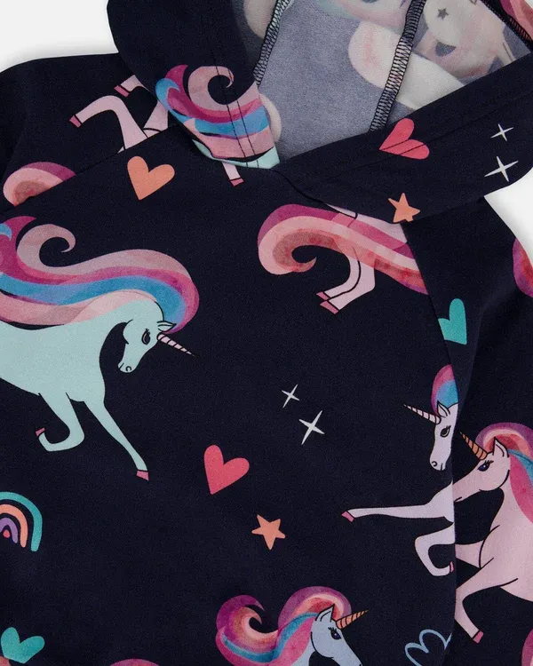 Navy Unicorn Print Hoodie