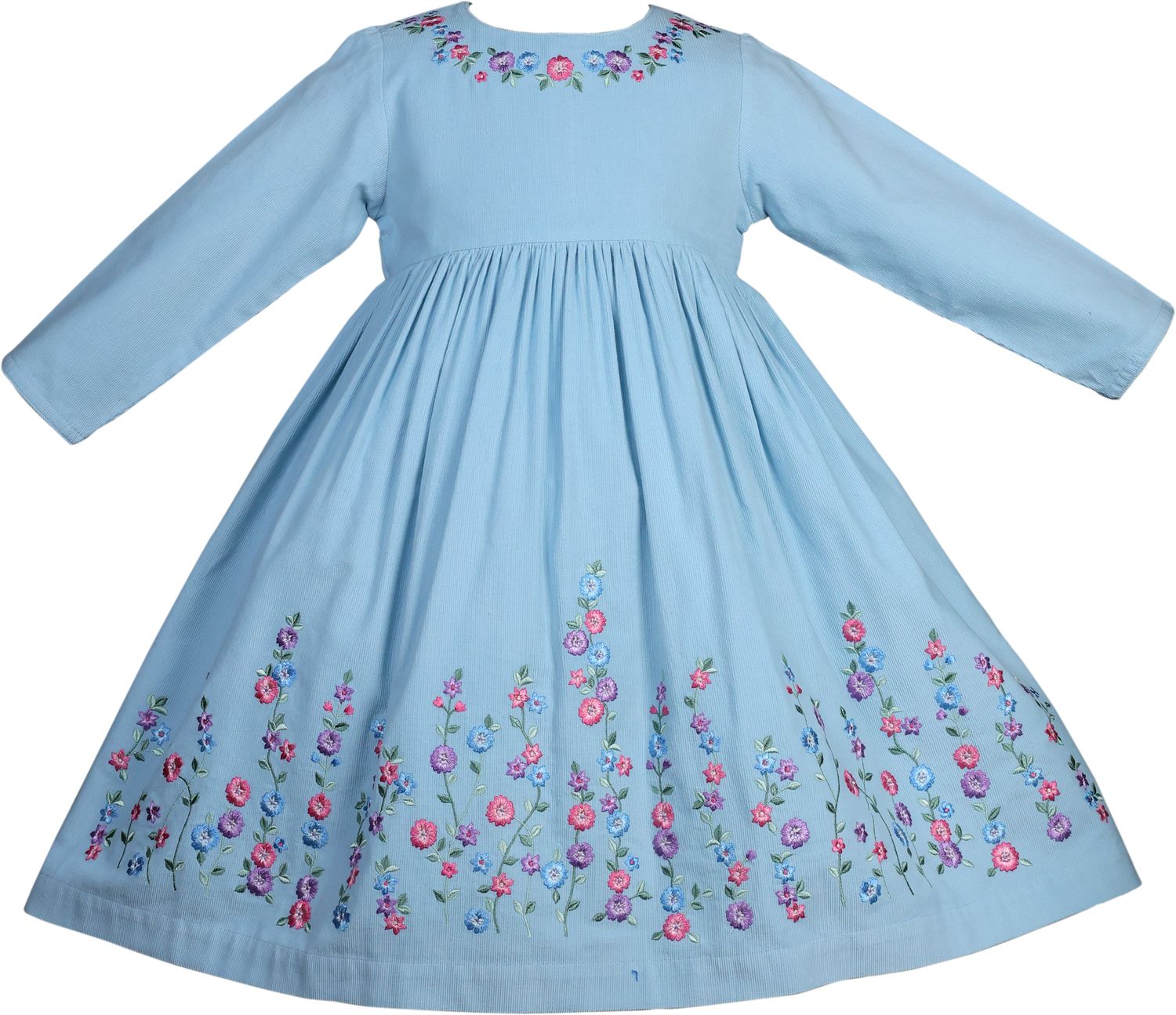 Blue Corduroy Embroidered Flower Dress