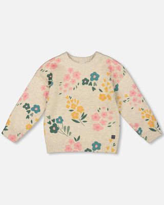 Floral Printed Oatmeal Knit Sweater