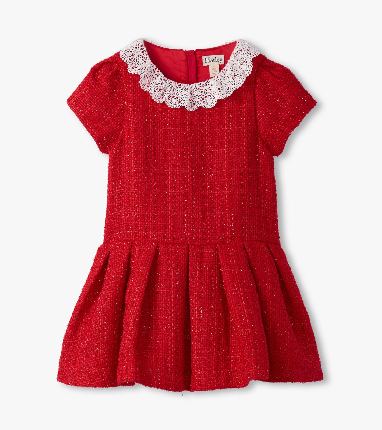 Sparkle Red Boucle Pleated Lace Collar Dress