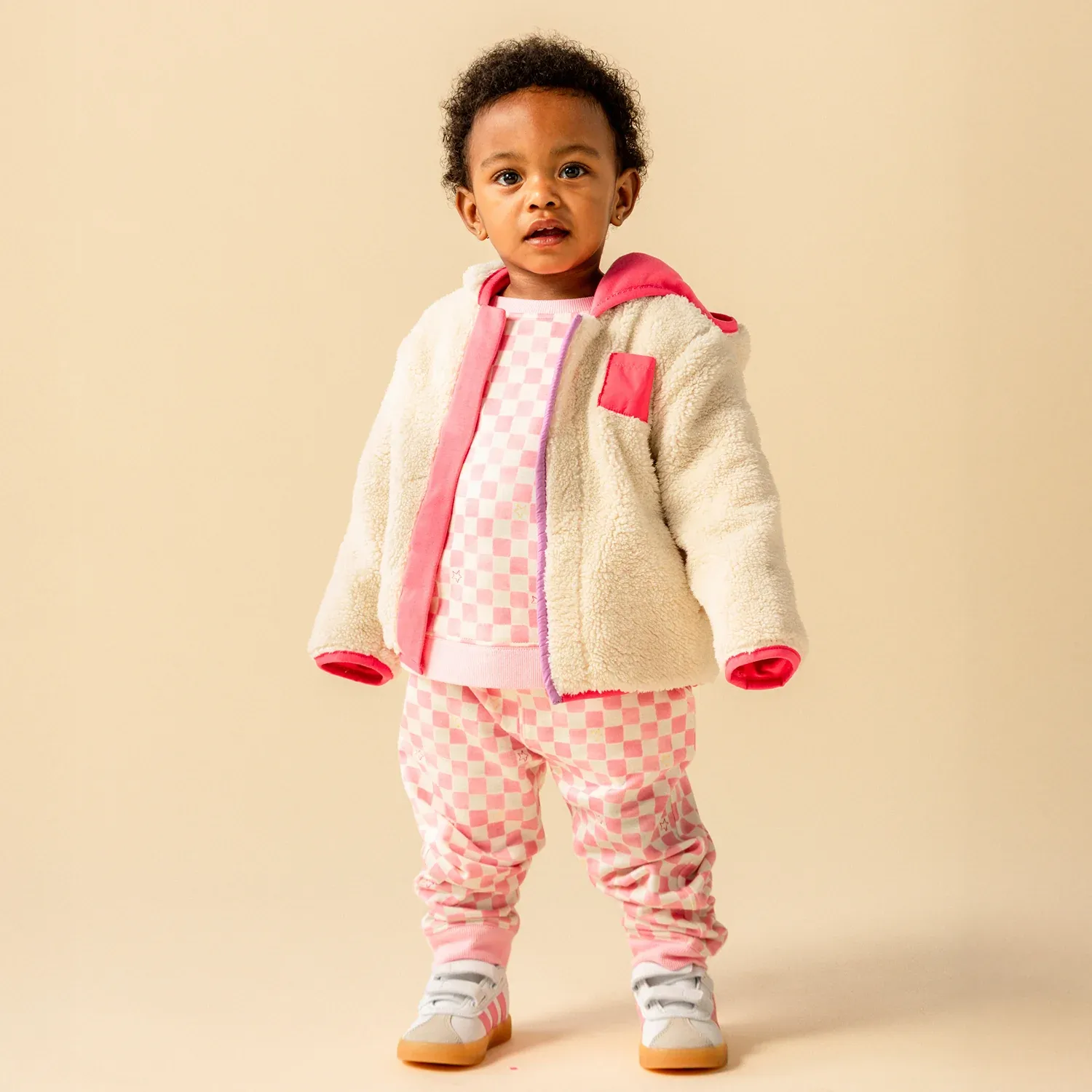 Cream Sherpa Jacket With Stripe Rib Cuffs