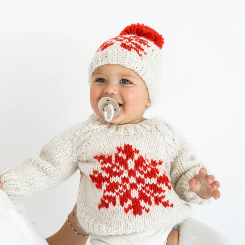 Natural Crew Neck Sweater with Red Snowflake