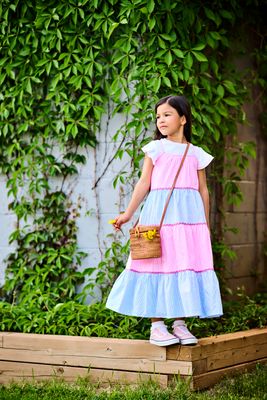 Strawberry Moon Mixed Seersucker Strappy Midi Dress